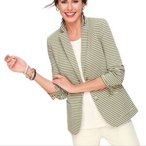 Talbots ABERDEEN KNIT BLAZER - Moss Green‎ and White STRIPE PIQUE Size 2 XS